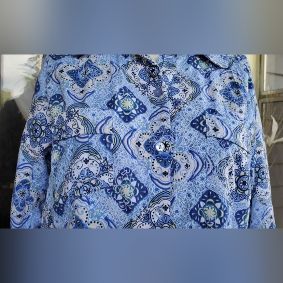 VTG 90s Alia Petite Blue Floral Geometric 3/4 Sleeves Buttons Up Shirt Top 8P - Picture 5 of 7